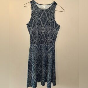 Navy blue and white patterned midi dress